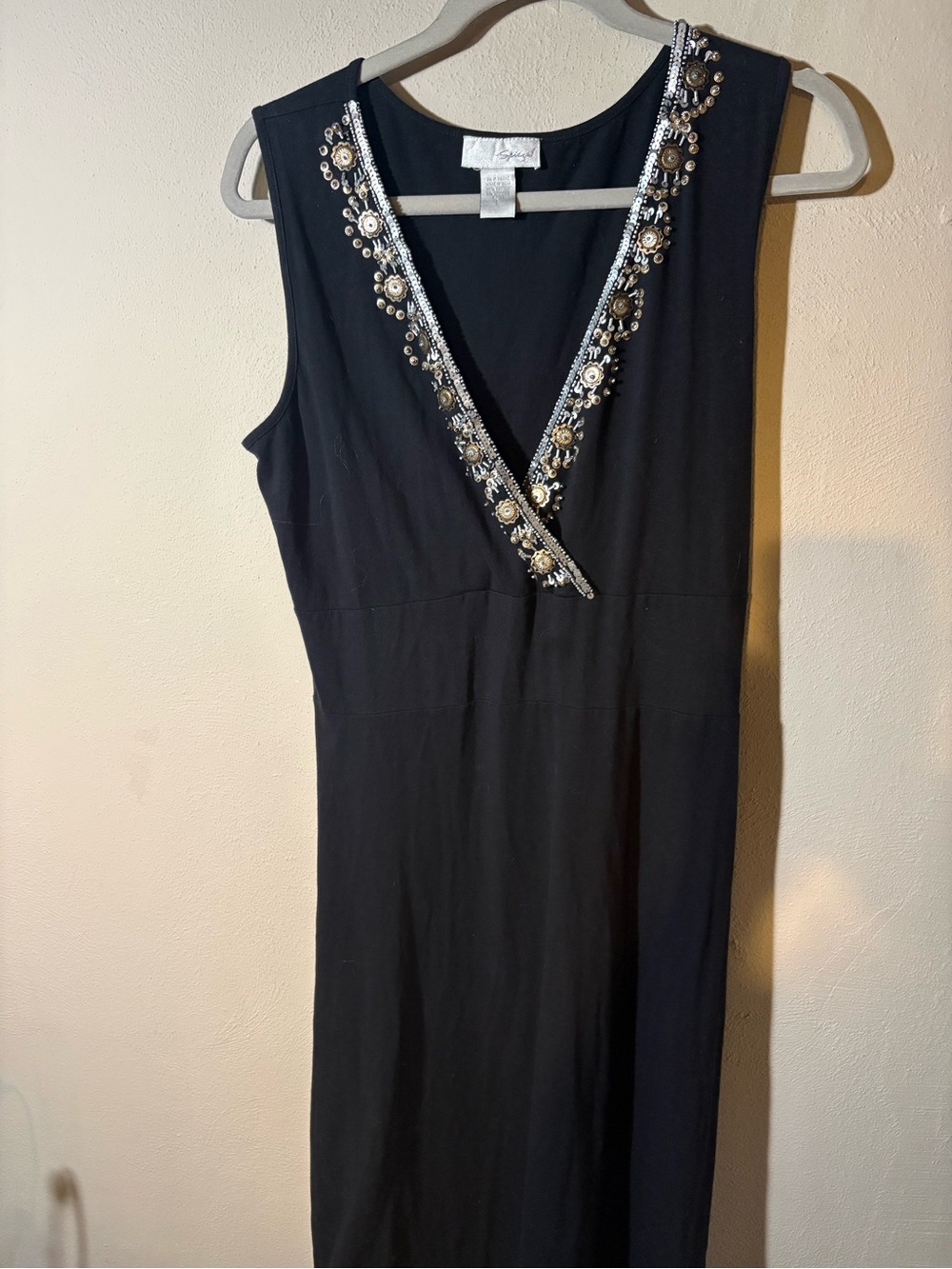 Spiegel Black Midi Dress with Beaded V-Neck